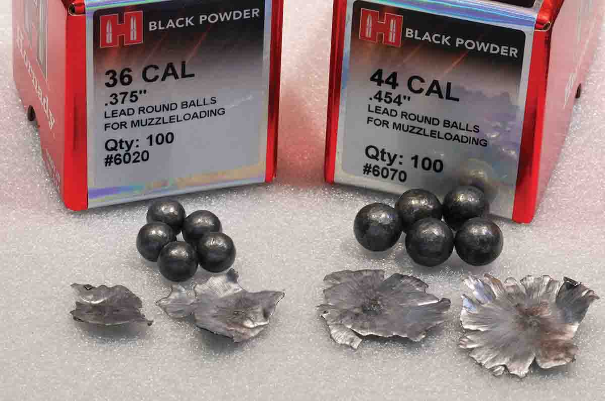 Hornady produces pure lead balls for black-powder shooters in a variety of diameters. The 1851 Colt Navy takes a .36 (.375 inch) 80-grain ball, while the Walker takes a .454-inch, 140-grain ball.